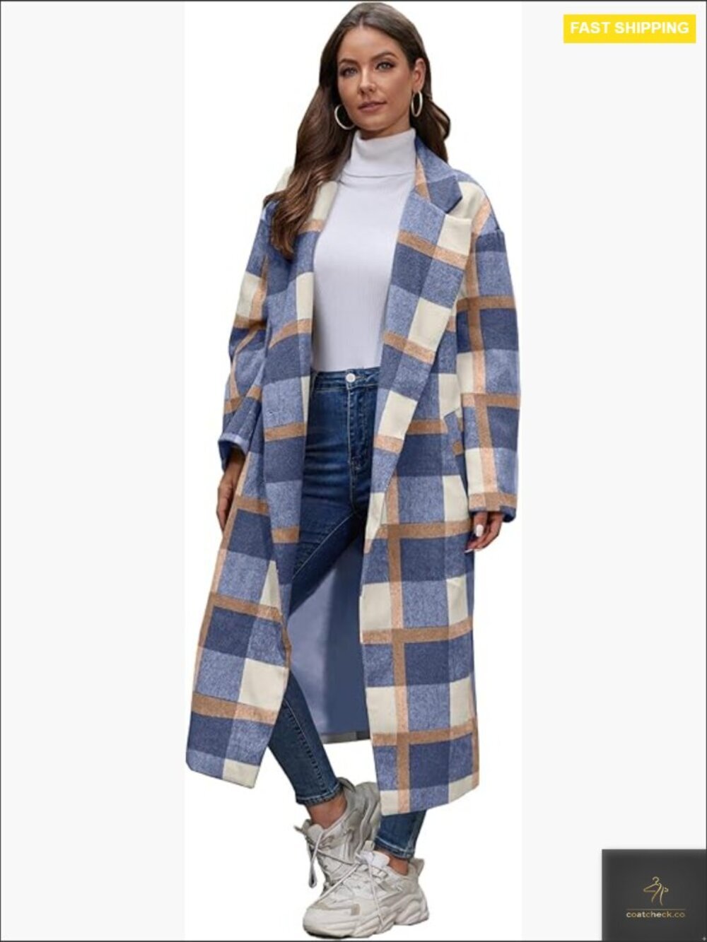 Oversized Plaid Pea Coat Double Breasted Lapel Collar Wool Winter Long Coat